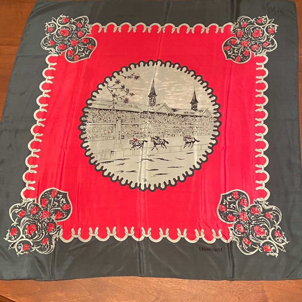 Kentucky Derby Museum Churchill Downs 100% Silk Scarf Hand Rolled & Stitched 34”